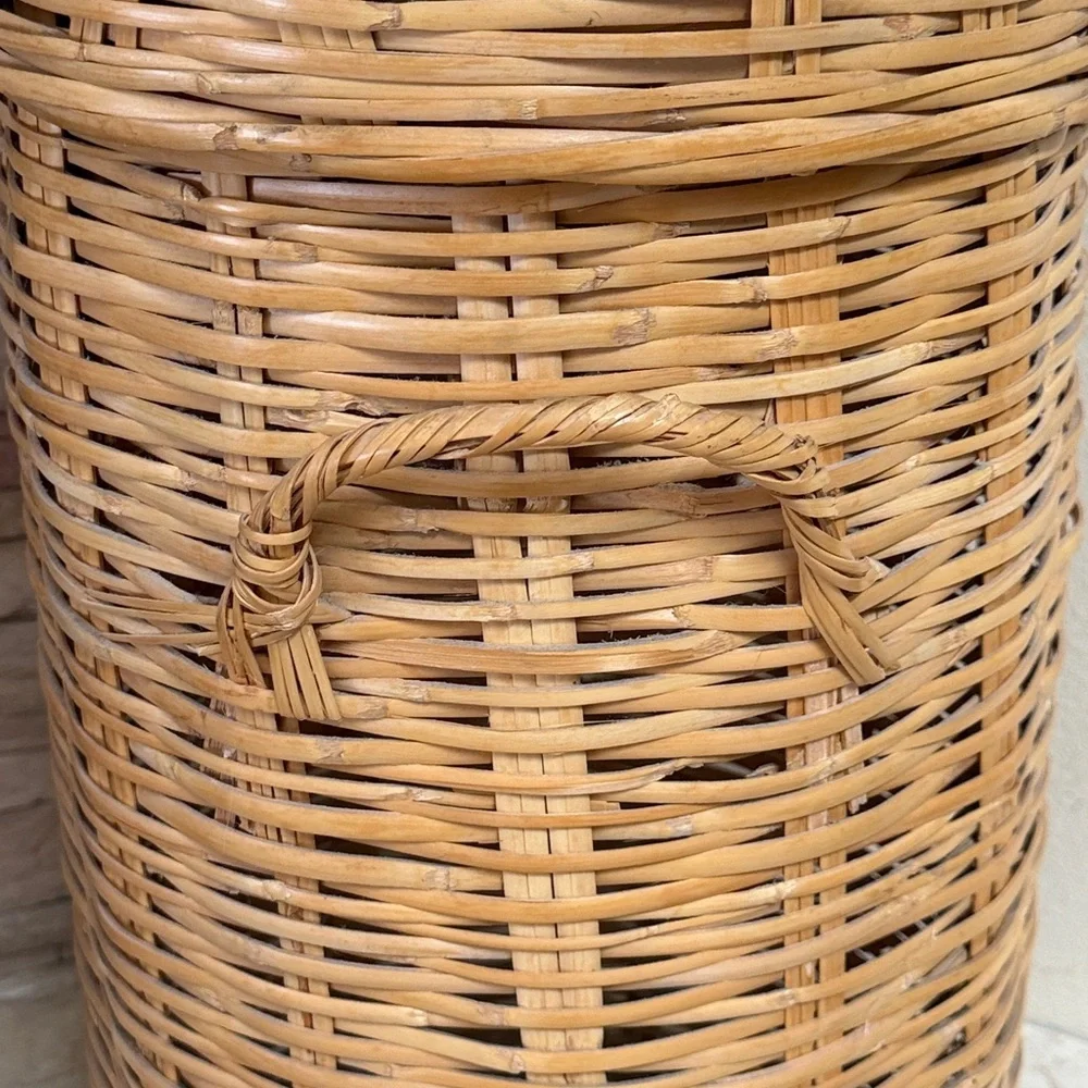 Vintage Wicker Storage Basket w/ Lid | Tall Boho Rattan Blanket Hamper